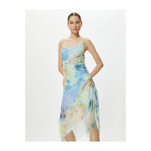Koton Tie-Dye Patterned Midi Tulle Dress Thin Straps Asymmetric Cut Side Gathered Lined