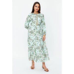 Trendyol Green Gold Brode Detail Woven Lined Chiffon Floral Dress