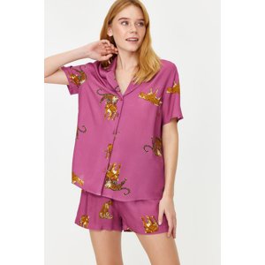 Trendyol Pale Pink Animal Pattern Viscose Shirt-Short Woven Pajamas Set