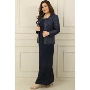 By Saygı Long Crepe Dress with Stones and Lined Collar, Sequin Jacket Plus Size 2-Piece Suit