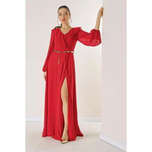 By Saygı Flounce Front Balloon Sleeve Belted Chiffon Long Dress