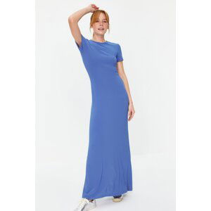 Trendyol modré šaty s krátkým rukávem, přiléhavé, s kulatým výstřihem, elastické, pletené, maxi délky a tužkovým střihem.
