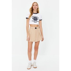 Trendyol Beige Belt Pleated High Waist Mini Denim Skirt