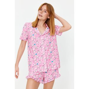 Trendyol Pink 100% Cotton Fun Patterned Shirt-Shorts Knitted Pajamas Set