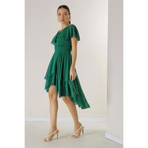 By Saygı Short on the Front, Long on the Back, Lined, Flounce, Tiered Chiffon Dress