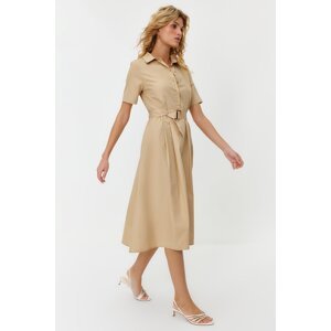Trendyol Jewelled Belt Skirt Waist Opening Pleated 100% Cotton Poplin Midi Woven Dress