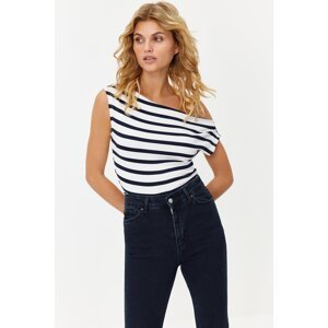 Trendyol Navy Blue Striped Boat Neck Fitted Viscose/Soft Fabric Stretchy Knitted Blouse