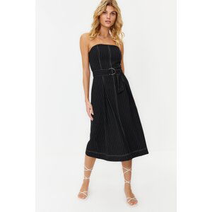 Trendyol Black Belted Striped Premium Fabric Skirt Flounces Midi Woven Dress
