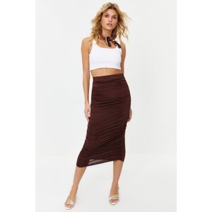 Trendyol Brown Gathered Body Fitted Elastic Waist Lined Maxi Stretch Knitted Skirt