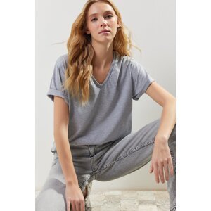 Trendyol Gray Melange Oversize/Cream V-Neck Short Sleeve Knitted T-Shirt