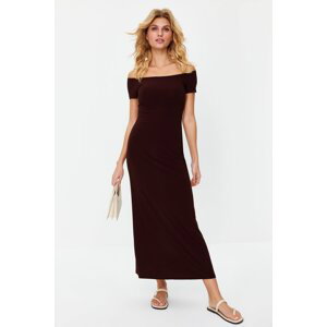 Trendyol Brown Carmen Collar Fitted/Fitted Stretchy Knitted Maxi Pencil Dress