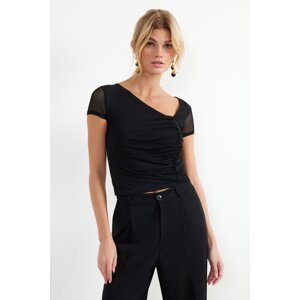 Trendyol Black Asymmetrical Collar Tulle Stretchy Knitted Blouse