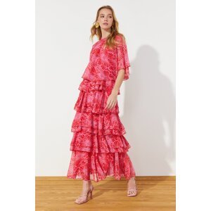 Trendyol Chiffon Woven Evening Dress with Tiered Pink Floral Skirt