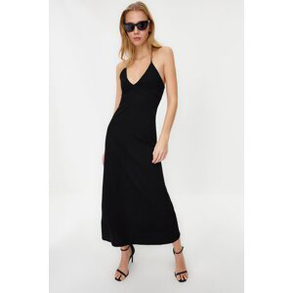 Trendyol Black Ribbed Barter Neck Bodycone/Fitting Maxi Stretch Knitted Pencil Dress