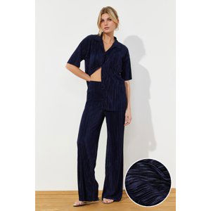 Trendyol Navy Blue Pleated Wide Cut Shirt and Trousers Knitted Bottom Top Set