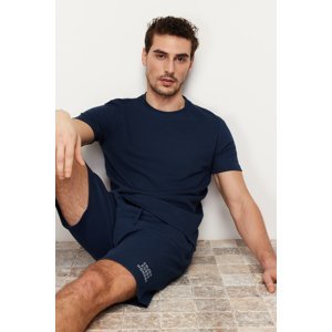 Trendyol Navy Blue Regular Fit Textured Knitted Pajamas Set with Shorts