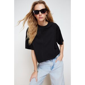 Trendyol Black 100% Cotton Cut Detailed Relaxed Crop Knitted T-Shirt