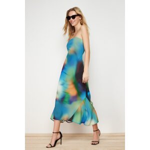 Trendyol Multicolored Abstract Patterned Skirt Flounces Strapless Midi Woven Dress