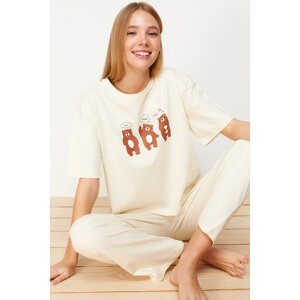 Trendyol Beige 100% Cotton Teddy Bear Printed T-shirt-Pants Knitted Pajama Set