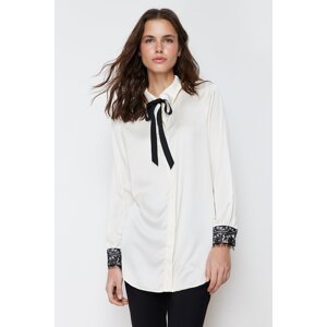 Trendyol Stone Collar Bow and Lace Detailed Satin Woven Shirt