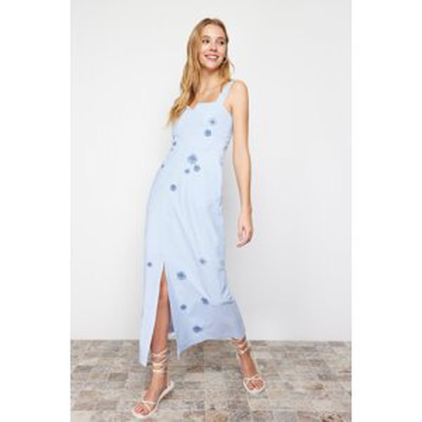 Trendyol Blue A-line Embroidered Square Collar Maxi Woven Dress