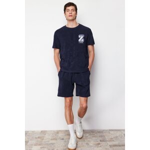 Trendyol Navy Blue Regular Fit Embroidered Terry Fabric Shorts Pajamas Set