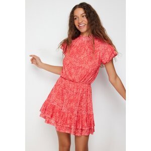 Trendyol Red Special Textured Skirt Ruffled Mini Short Sleeve High Collar Flexible Knitted Mini Dress