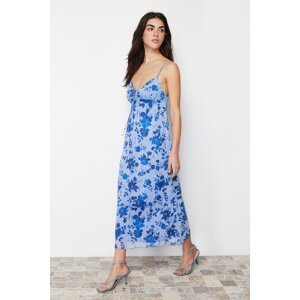 Trendyol Blue Floral Printed Maxi Length Sweetheart Neckline Knitted Dress