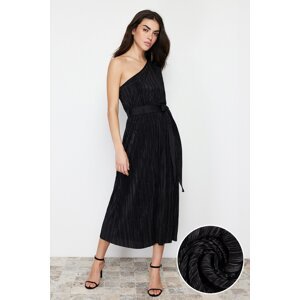 Trendyol Black Belted Midi Single Sleeve Flexible Knitted Midi Dress