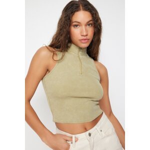 Trendyol Khaki Worn/Faded Effect Fitted Zippered Ribbed Cotton Stretch Knitted Blouse