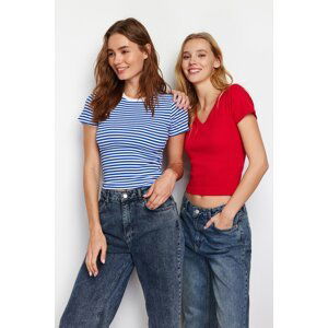 Trendyol Pack of 2 Plain Red V-neck and Striped Navy Blue Crew Neck Stretchy Knitted Blouse