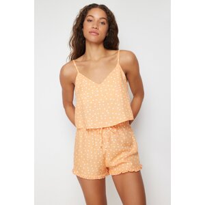 Trendyol Salmon Polka Dot Ruffle and Tie Detailed Rope Strap Viscose Woven Pajama Set