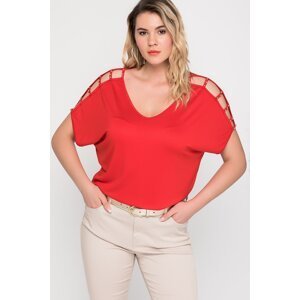 Şans Women's Plus Size Red Off-the-Shoulder Viscose Blouse With Pearl Detailed
