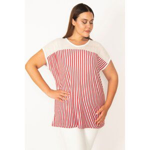 Şans Women's Plus Size Red Striped Blouse with Lace Detail, Low Sleeves and a Front Collar