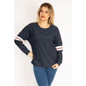 Şans Women's Plus Size Navy Blue Sweatshirt with Stripe Detail on the sleeves