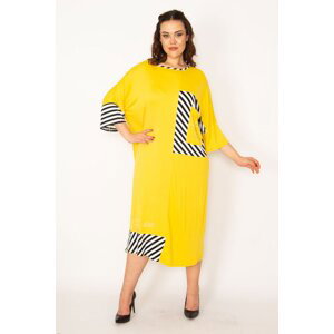 Şans Women's Plus Size Yellow Stone Detailed Dress with Line Garnish