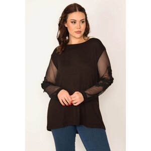 Şans Women's Plus Size Black V-Neck Blouse With Tulle And Lace Detailed Sleeves