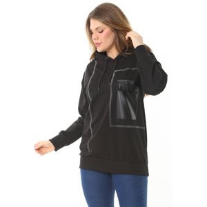 Şans Women's Plus Size Black Stones And Faux Leather Detailed Hooded Sweatshirt