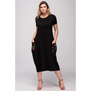 Şans Women's Plus Size Black Viscose Dress With Writing Pocket