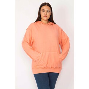 Şans Women's Plus Size Orange Hooded Kangaroo Sweatshirt with Pocket