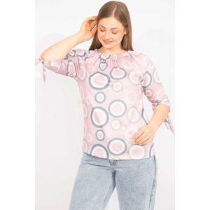 Şans Women's Pink Plus Size Blouse with an Elastic Collar and Lace-Up Sleeves