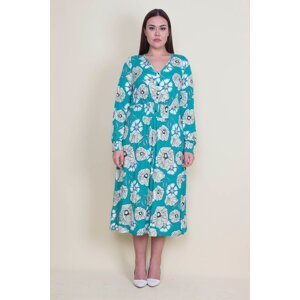 Şans Women's Plus Size Green Viscose Floral Pattern Dress With Elastic And Ornamental Button Detail