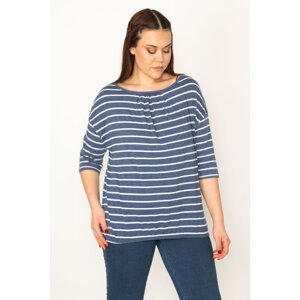 Şans Women's Plus Size Indigo Stripe Low-Sleeve Blouse With Pleats And Elastic Hem Detail.