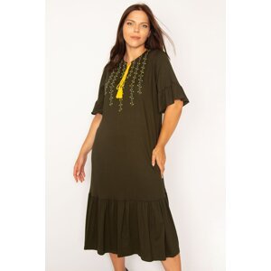 Şans Women's Plus Size Khaki Embroidery Detailed Long Dress with Tiered Hem