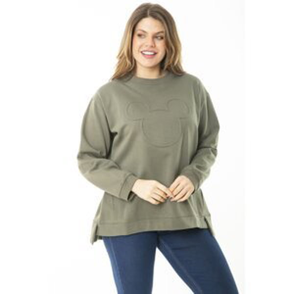 Şans Women's Plus Size Khaki Inner Framed Sweatshirt with a Slit