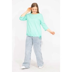 Şans Women's Green Plus Size Cotton Fabric Stripe Combined Blouse