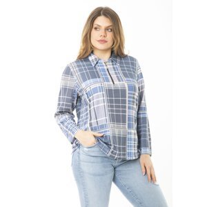 Şans Women's Plus Size Blue Checked Blouse With Zipper And Stones At The Front Paw