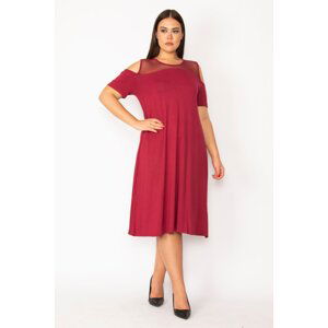 Şans Women's Plus Size Claret Red Burgundy Dress With Low-Collection And Pockets Mesh Detail Viscose