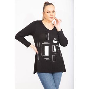 Şans Women's Plus Size Black V-neck Tunic With Stones And Print Detail