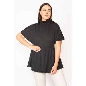 Şans Women's Plus Size Black Turtleneck Collar Gathered Waist Low Sleeve Knitwear Blouse